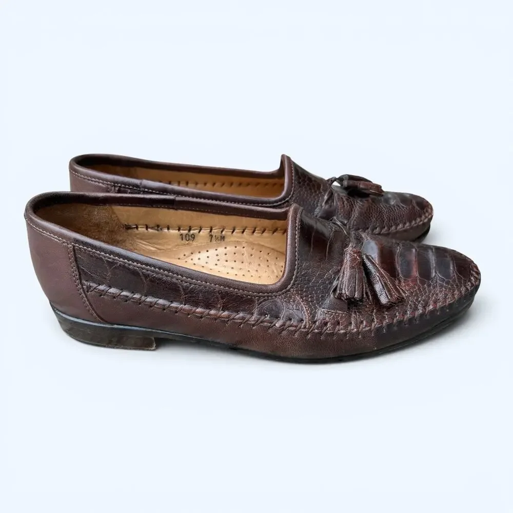 Zelli Ostrich & Leather Tassel Loafers Brown Men’s Slip On Dress Shoes Size 7.5M